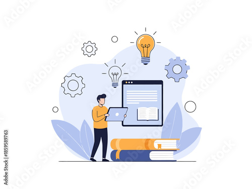 Modern Digital Learning and Idea Generation Concept with Person and Technology Elements