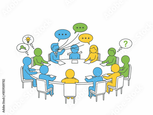 Diverse Team Collaborating Around a Round Table Discussing Ideas and Problem Solving in a Meeting