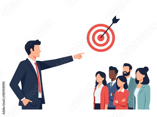 Business Leader Directing Team Towards Objective with Arrow on Target