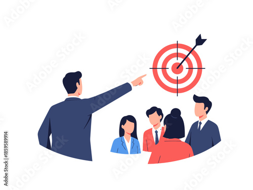 Business Leader Points to Target Goal with Team for Strategic Planning and Collaboration