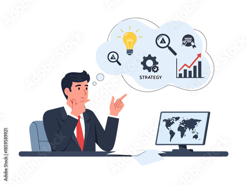 Business Executive Contemplating Growth Strategy and Global Opportunities on Computer Screen