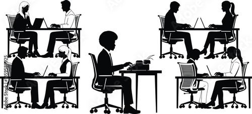 Office teamwork silhouette set with collaborative desk scenes and mixed technology for workplace, productivity, and communication themes.