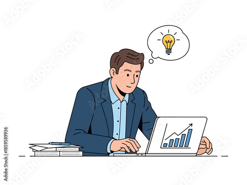 Businessman with Laptop Displays Growth Chart Idea Lightbulb Concept
