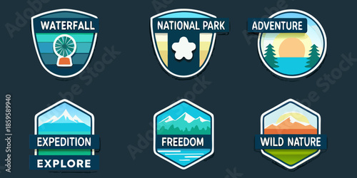 Collection of national park adventure badges with diverse outdoor themes
