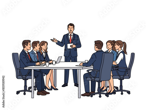 Business Meeting Presentation with Leader Addressing Colleagues Around a Conference Table