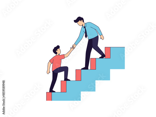 Businessmen Ascending Staircase Together Offering Mutual Assistance