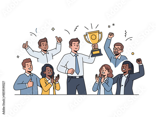 Team celebrating a business success with a golden trophy achievement and teamwork concept