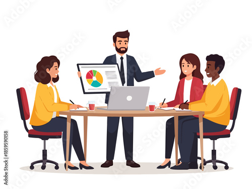 Business Meeting Presentation with Data Analysis Chart and Team Collaboration