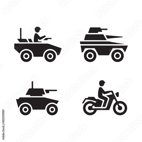 Black silhouette icons depicting military vehicles a motorcycle and personnel