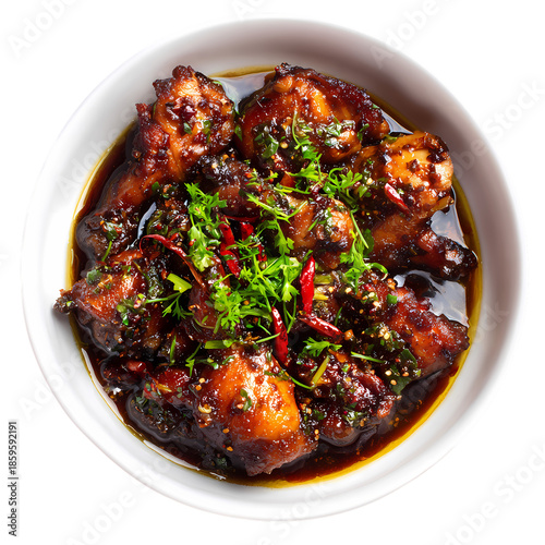 Spicy Korean Fried Chicken Dakgangjeong in White Bowl with Red Chili Peppers, Rosemary, isolated on transparent background