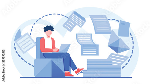 Young man sitting on a cube working on laptop with floating documents around him in a modern conceptual symbolic style