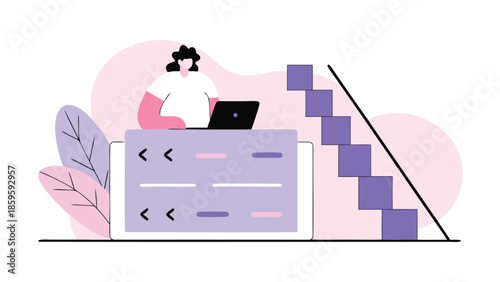 Woman working on laptop with diagonal dynamic composition, person leaning slightly forward