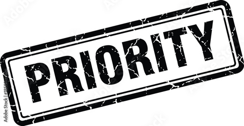 Distressed black priority stamp graphic with textured edges isolated on transparent background