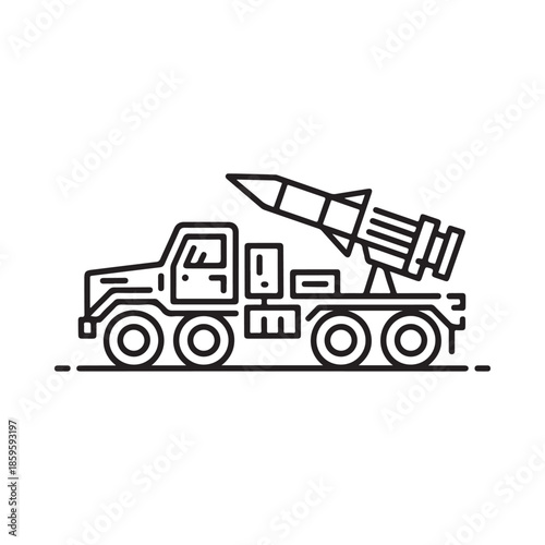 Line art depiction of a military vehicle transporting a missile system