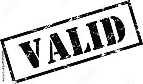 Black stamp with the word valid inside a rectangle distressed texture on transparent background