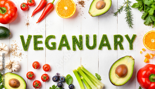 Veganuary text with fresh vegetables and fruits on white wooden surface