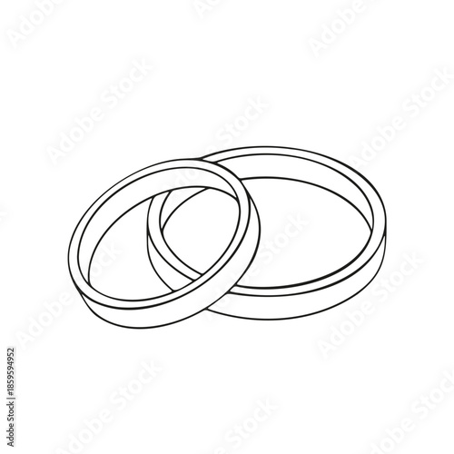 Minimalist black and white line art of two interlocking wedding rings, symbolizing love, unity, and commitment.
