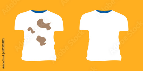 Before-and-after comparison of two white t-shirts on orange background—one stained, one clean—illustrating laundry effectiveness.