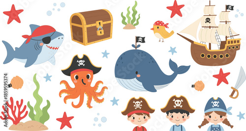 Cute pirate kids and ocean animals with treasure ship and sea elements cartoon vector illustration set