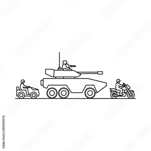 Line drawing depicts a tank accompanied by two motorcycles and a tricycle