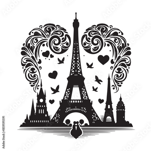 Black Parisian Love Silhouette Vector, High Quality Illustration on White Background