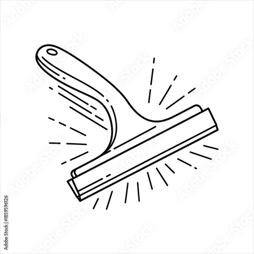 Minimal isometric line art illustration of a squeegee with motion lines and fluid spread in clean modern vector style