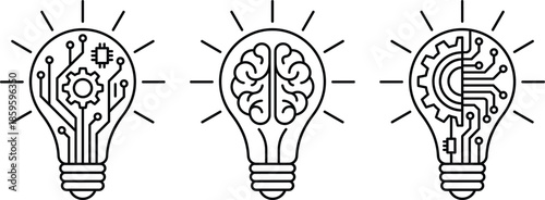 Artificial intelligence idea light bulb icons combining brain gears and circuit technology symbols minimal outline vector illustration concept set
