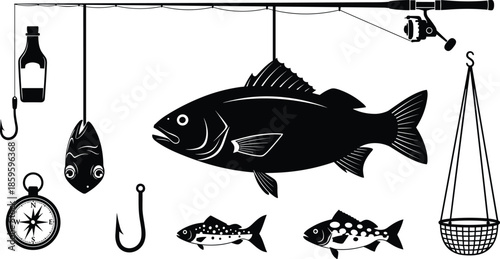 Black and white fishing gear silhouettes featuring a large fish, fishing rod, compass, basket, hooks, and bottle on a clean white background.