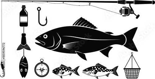Black, fishing, icons, set, with, rod, reel, fish, silhouettes, hook, tackle, equipment, compass, basket, lure, bottle, and, line, isolated, on, white, background,