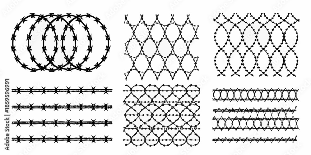 Εκτύπωση καμβά Various designs of barbed wire and security fencing illustrated in black and whi