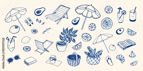 Summer doodles beach essentials fruits and relaxation items in blue tones