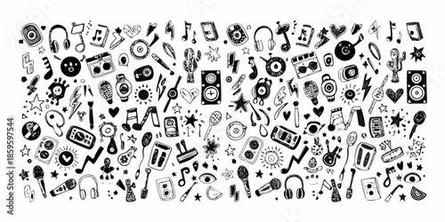 A black and white pattern of music related items and doodle art
