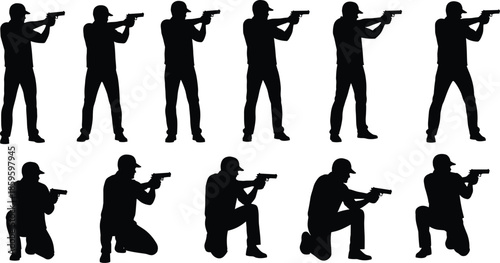 Handgun shooting stances, tactical poses, black silhouette set, firearm training, combat positions, defense, action, security, illustration, military, icon