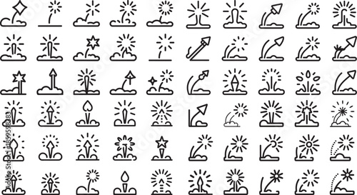 Collection of various fireworks icons in different styles and designs on white background