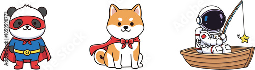 Cute superhero panda, shiba inu dog, and astronaut fishing star illustration set in colorful cartoon style