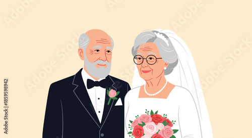 Joyful elderly couple celebrates their wedding day with the bride wearing a white veil and the groom dressed in a classic black tuxedo.