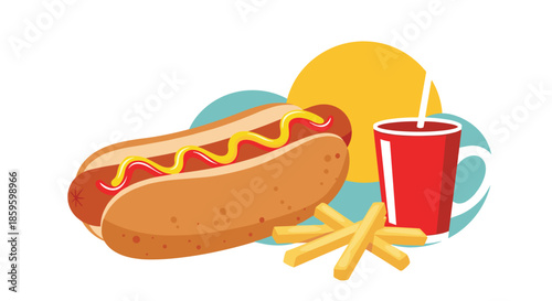 Classic fast food meal includes a hot dog with mustard and ketchup, a pile of golden french fries, and a red cup of soda with a white straw.