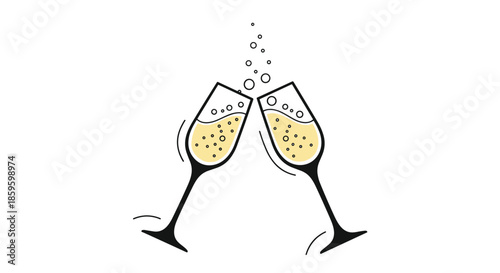 Two elegant champagne flutes filled with sparkling wine clinking together in a celebration toast isolated on a white background.