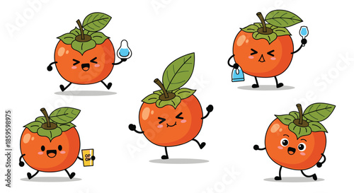 Collection of five adorable persimmon fruit characters features different funny expressions and activities like running, jumping, and playing.