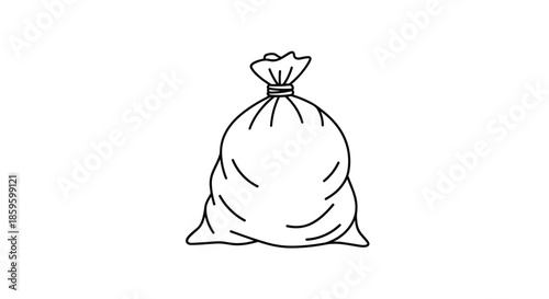 Simple black and white line drawing of a burlap sack or canvas bag tied securely at the top with a rope on a plain white background for design.