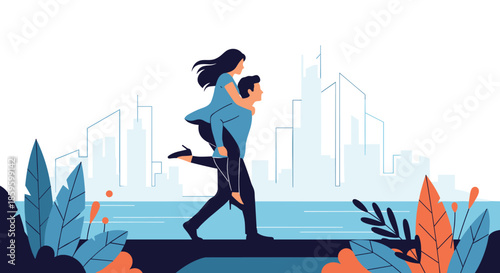 Romantic couple enjoying a piggyback ride by the water with a modern city skyline and decorative tropical leaves in a clean vector style.