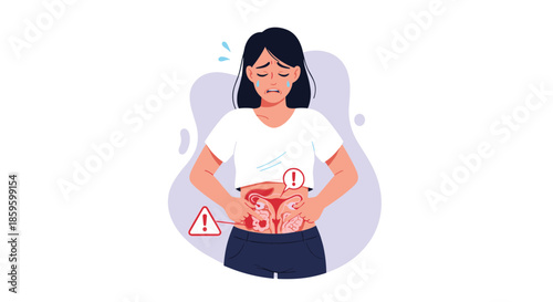 Illustration of a woman in distress suffering from severe abdominal or menstrual pain with medical symbols highlighting the health issue.