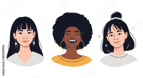 Trio of diverse women portraits showing different ethnicities and hairstyles including a woman with an afro and a woman with bangs.