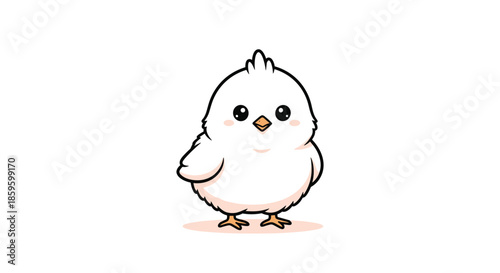 Adorable little white chick stands with large sparkling eyes and a tiny orange beak against a clean white background in a cute style.