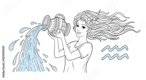 Zodiac illustration of Aquarius represented by a beautiful woman with long hair pouring water from an ornate jug into the flowing waves.