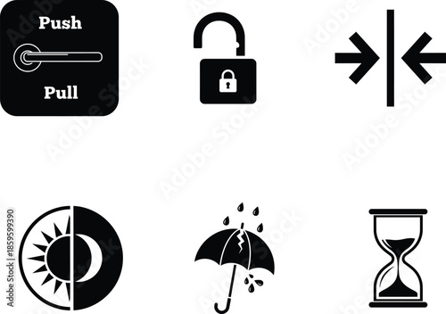 Black and white icons for various concepts and symbols used in everyday life
