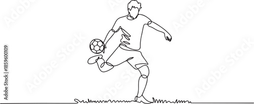 Single continuous line drawing of young sportive man train soccer freestyle, jump juggling with heel on the field. Football freestyler concept. one line Icon drawing