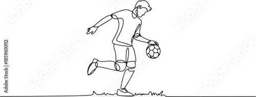 Single continuous line drawing of young sportive man train soccer freestyle, jump juggling with heel on the field. Football freestyler concept. one line Icon drawing