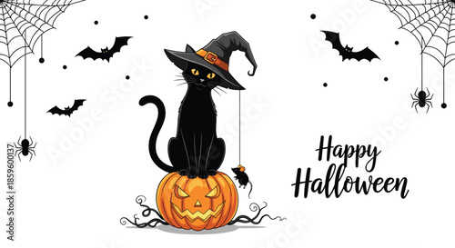 Halloween greeting card featuring a black cat wearing a witch hat sitting on a carved pumpkin with bats and spiders around.