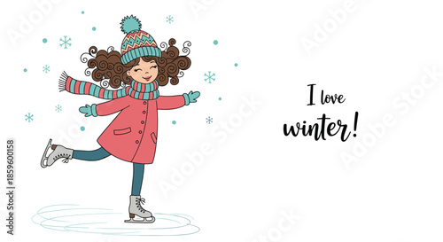 Cute girl with curly hair and winter clothes ice skating on a frozen pond with snowflakes and i love winter text.